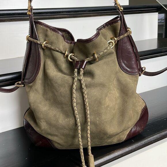 Genuine leather suede draw string bucket shoulder handbag purse oversized olive - Picture 6 of 10